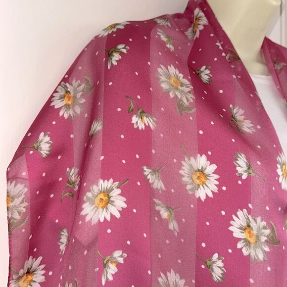 Vintage Pink Semi Sheer Polyester Long Scarf with White Daisy Print - Picture 4 of 6